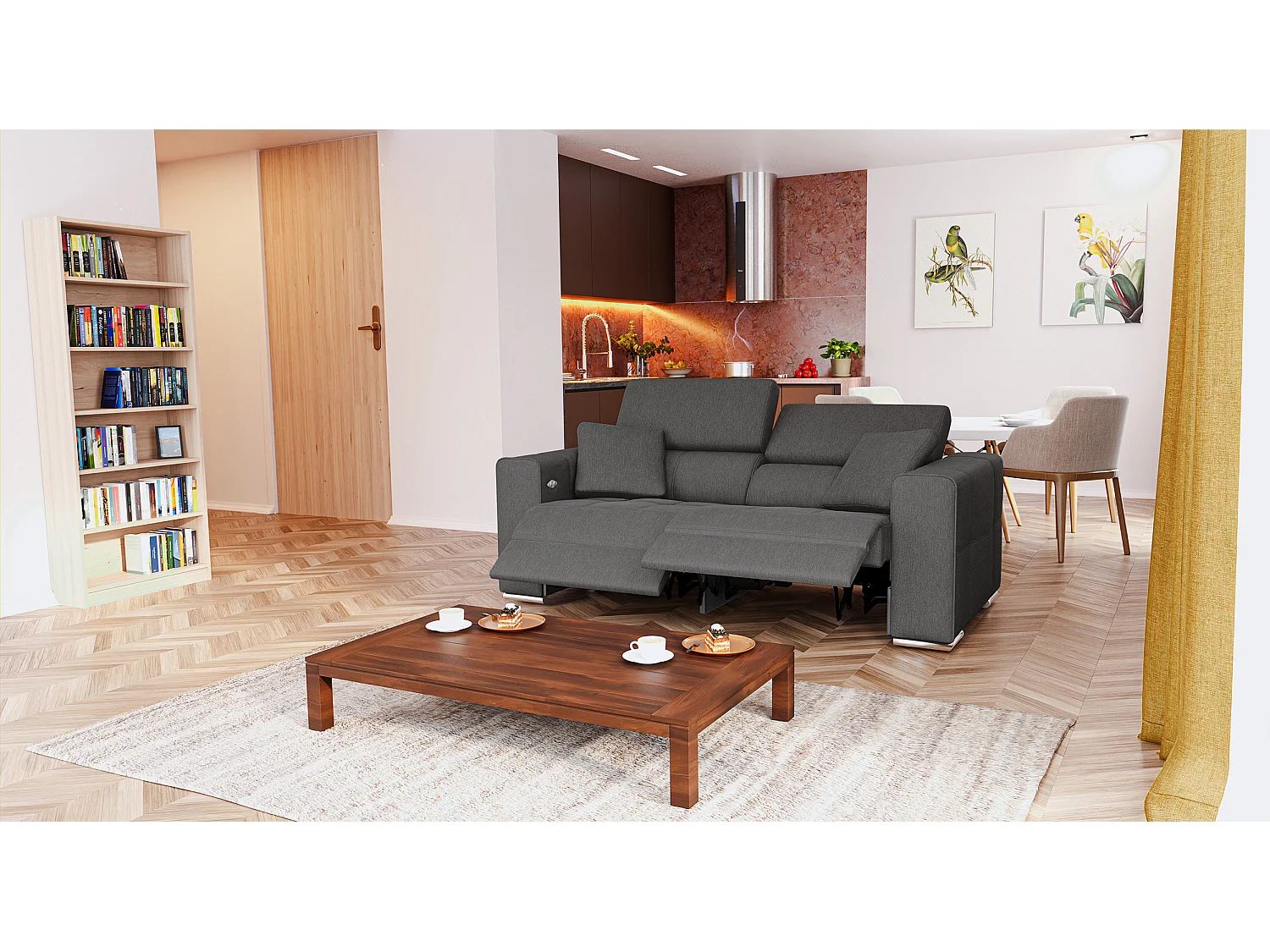 QUARTZ Sofa 3-Sitzer mit 2 Relaxfunktionen und verstellbare Kopfstützen, dunkelgrau