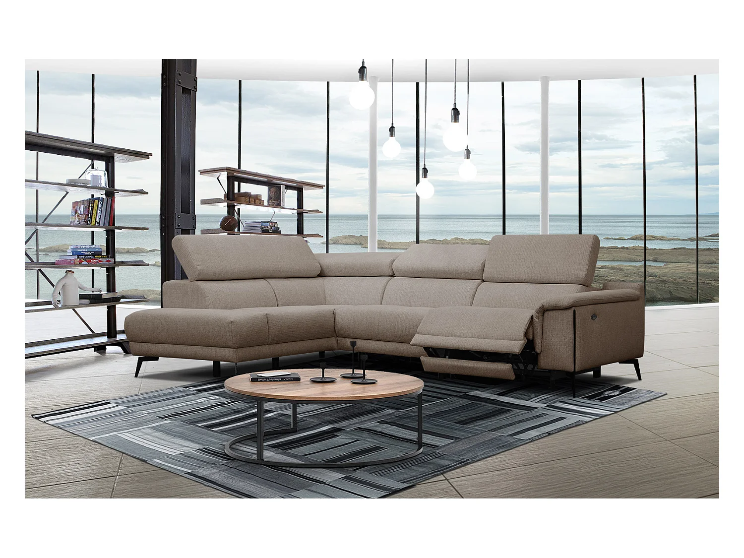 Canapé d'angle gauche 4 places avec un relax électrique tissu marron clair - Matera