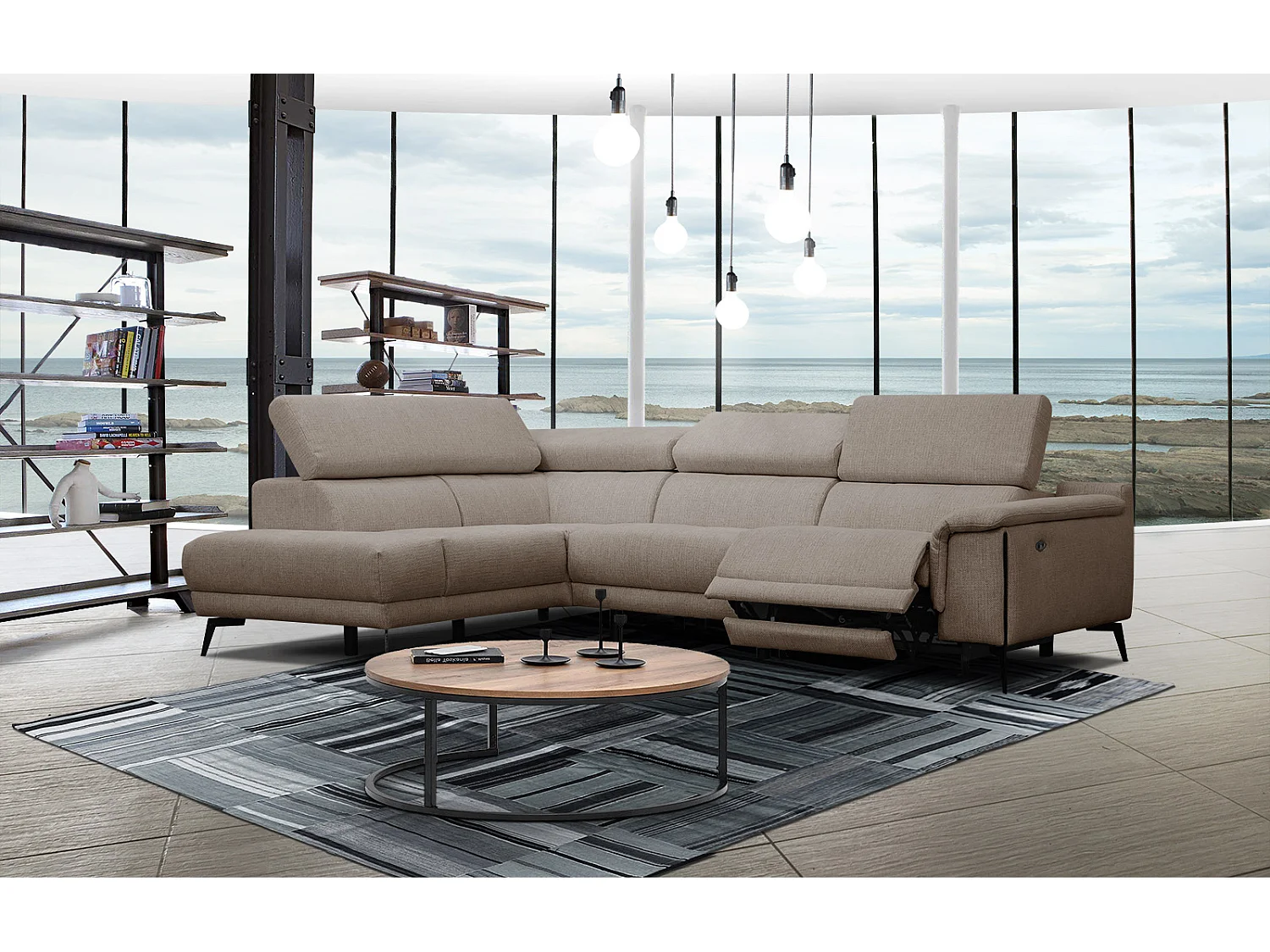 Canapé d'angle gauche 4 places avec un relax électrique tissu marron clair - Matera