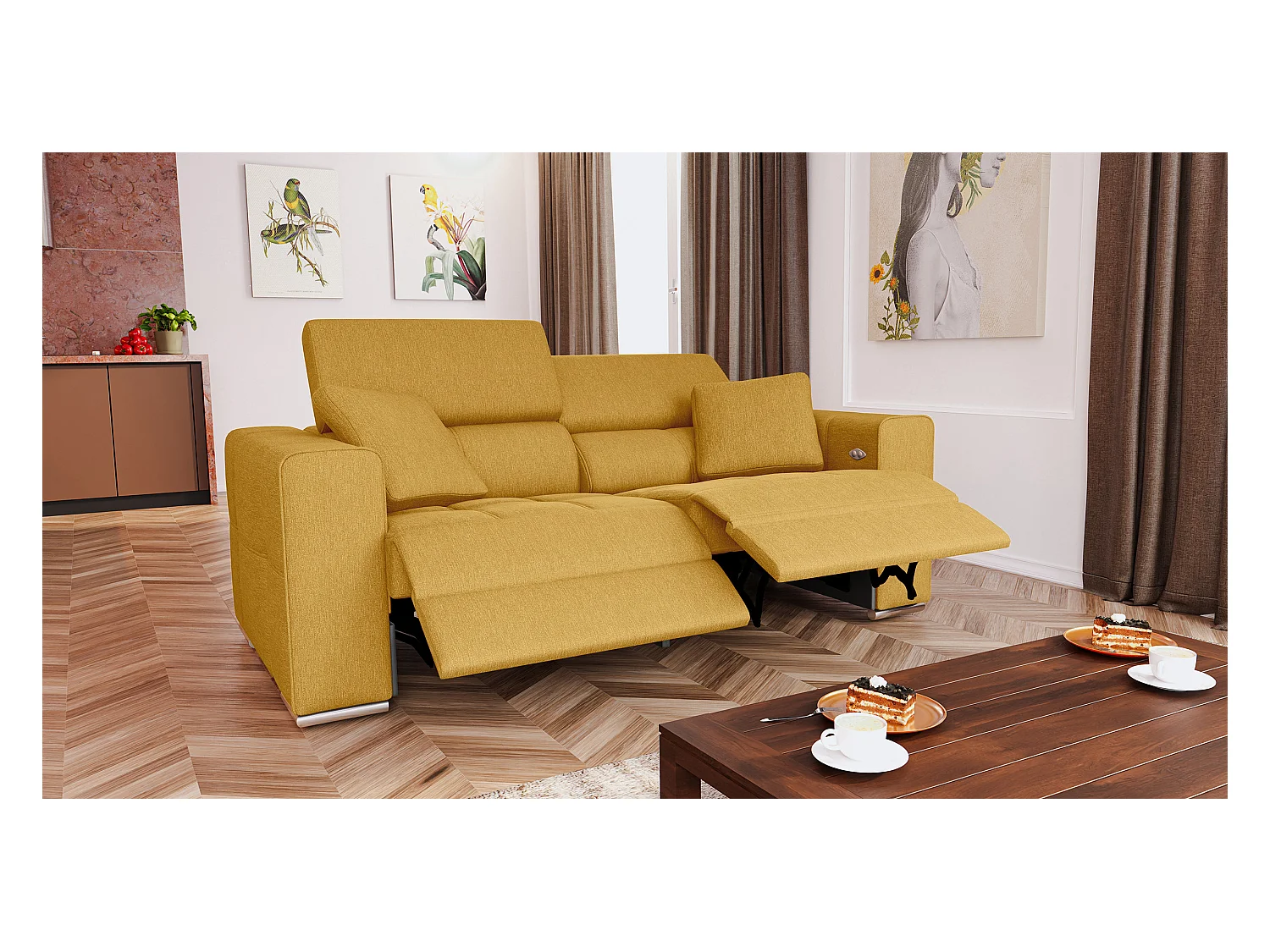 QUARTZ Sofa 3-Sitzer mit 2 Relaxfunktionen und verstellbare Kopfstützen, senfgelb