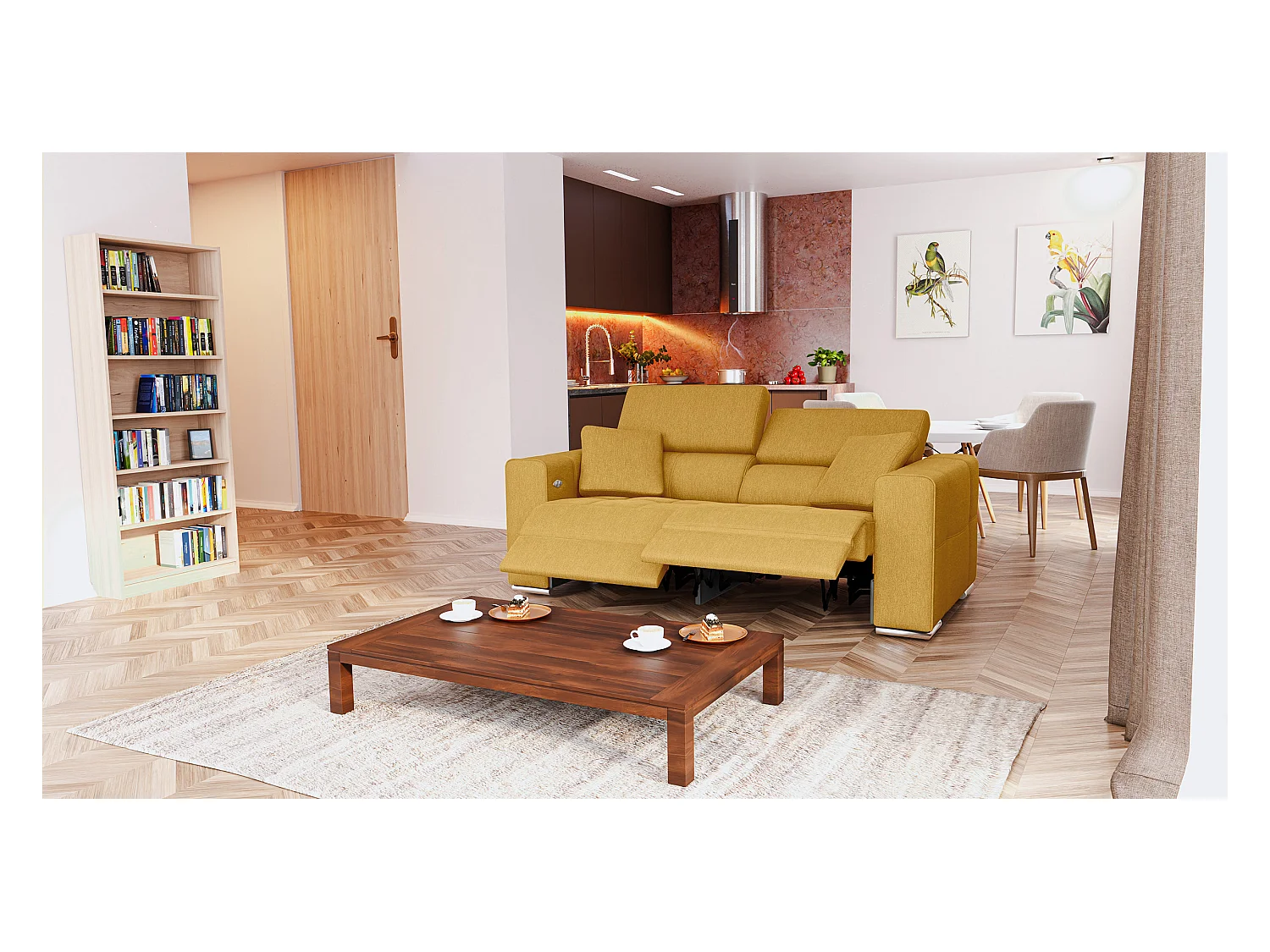 QUARTZ Sofa 3-Sitzer mit 2 Relaxfunktionen und verstellbare Kopfstützen, senfgelb
