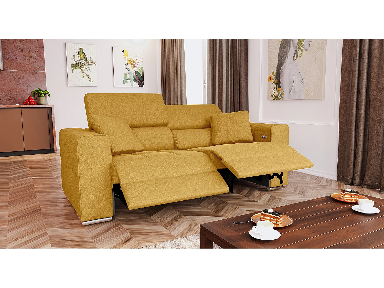 QUARTZ Sofa 3-Sitzer mit 2 Relaxfunktionen und verstellbare Kopfstützen, senfgelb