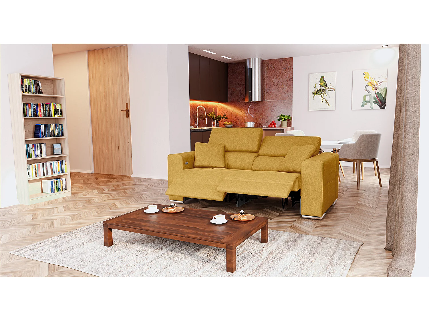 QUARTZ Sofa 3-Sitzer mit 2 Relaxfunktionen und verstellbare Kopfstützen, senfgelb