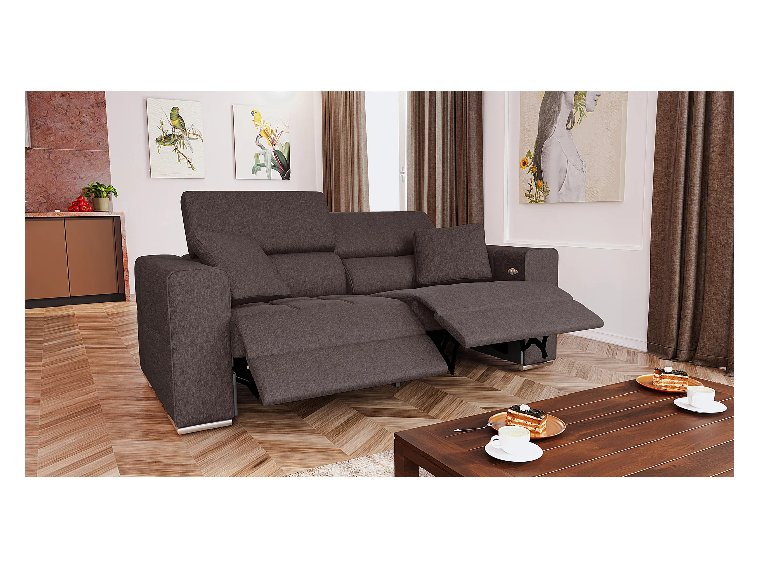 QUARTZ Sofa 3-Sitzer mit 2 Relaxfunktionen und verstellbare Kopfstützen, dunkelbraun