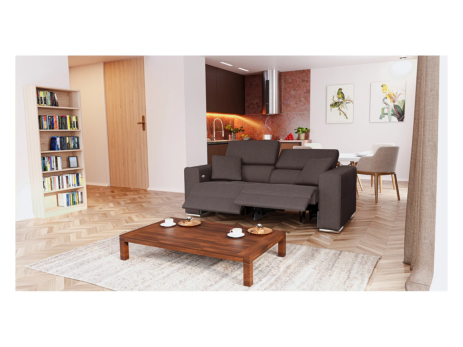 QUARTZ Sofa 3-Sitzer mit 2 Relaxfunktionen und verstellbare Kopfstützen, dunkelbraun