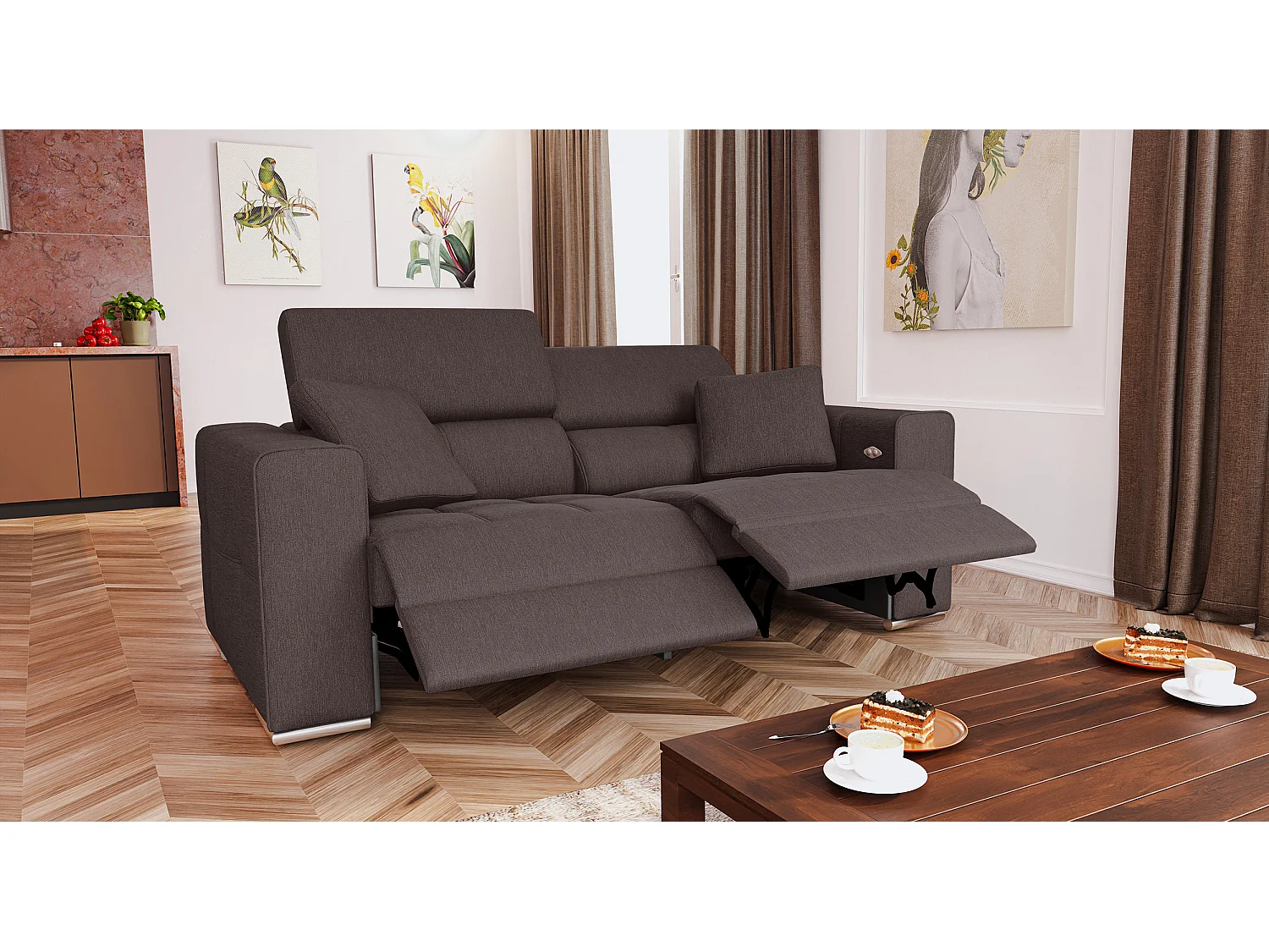 Canapé 3 places avec 2 relax électriques tissu brun foncé - QUARTZ