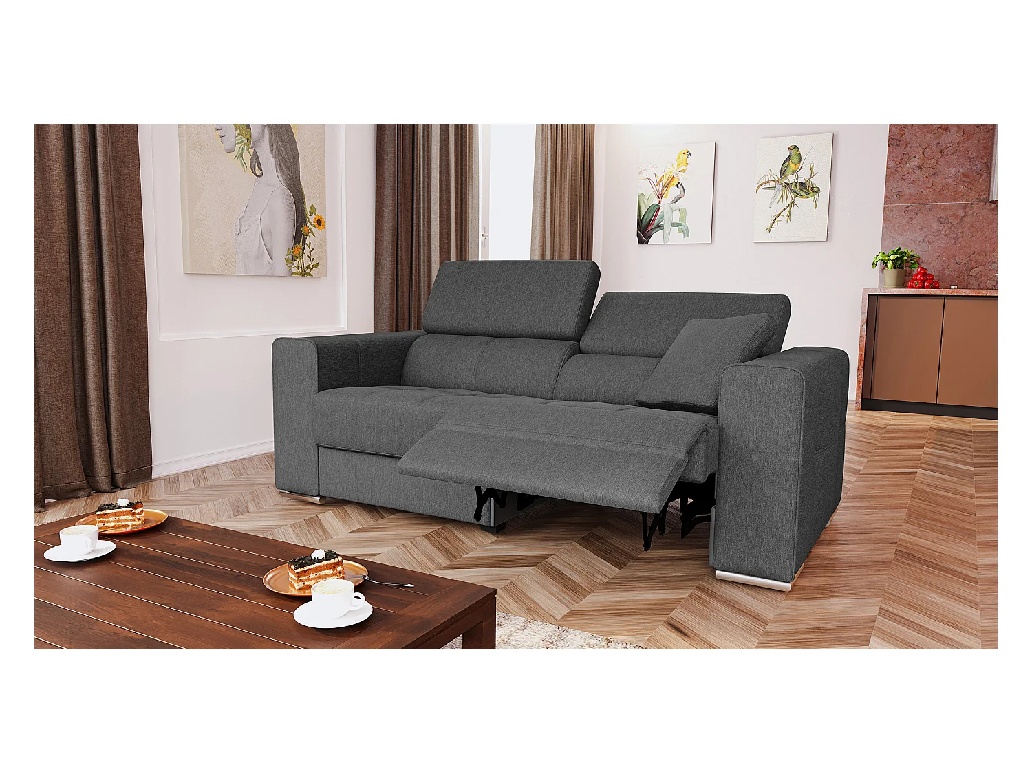 Canapé 3 places avec 1 relax électrique tissu gris foncé - QUARTZ
