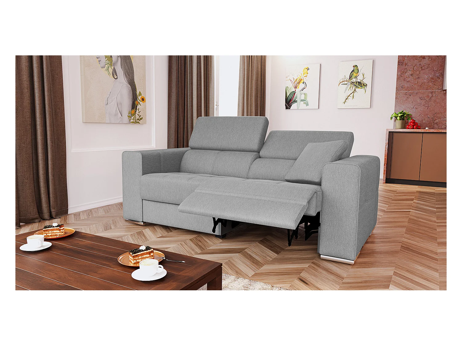 QUARTZ Sofa 3-Sitzer mit 1 Relaxfunktion und verstellbare Kopfstützen, hellgrau