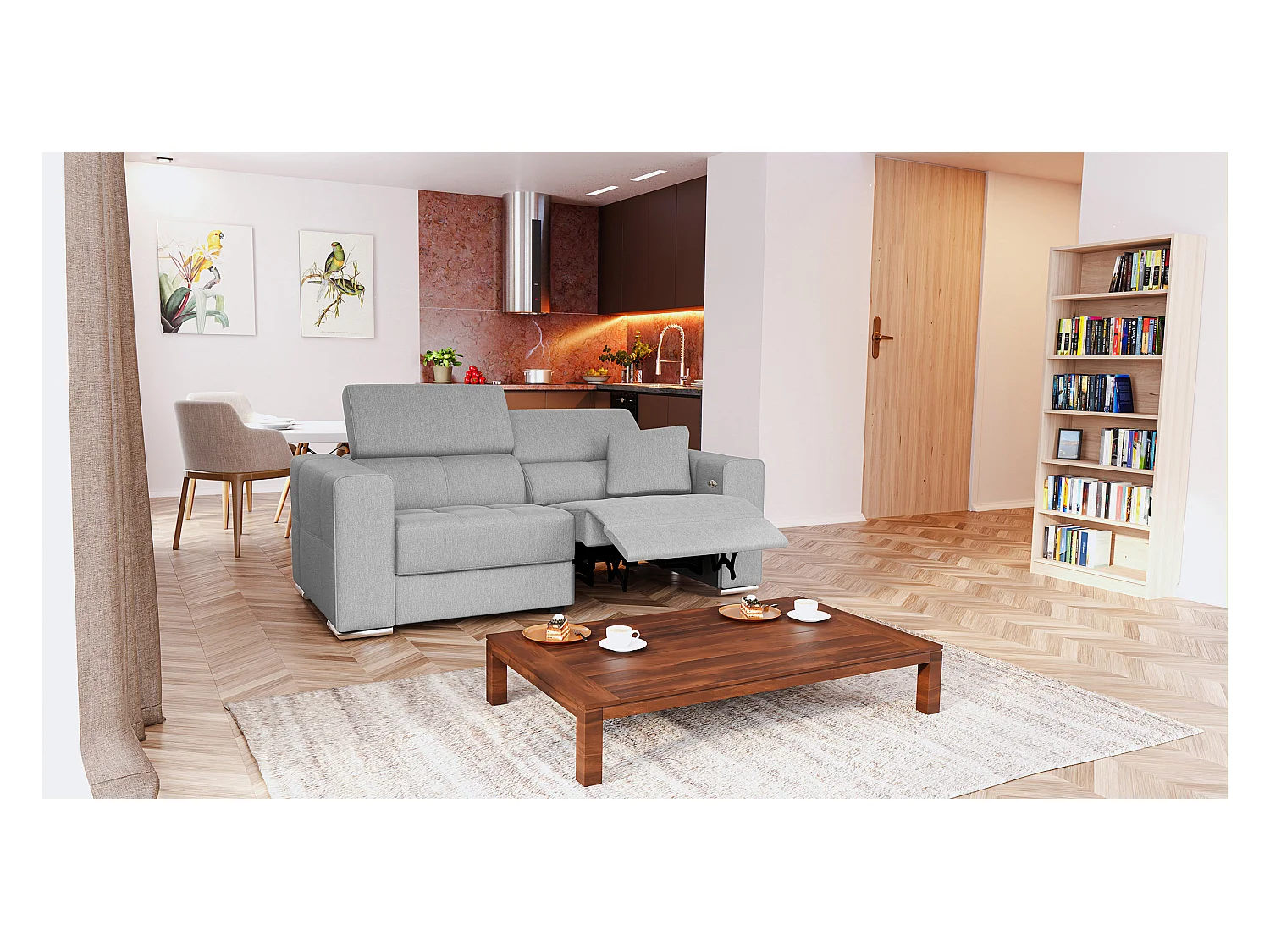 QUARTZ Sofa 3-Sitzer mit 1 Relaxfunktion und verstellbare Kopfstützen, hellgrau