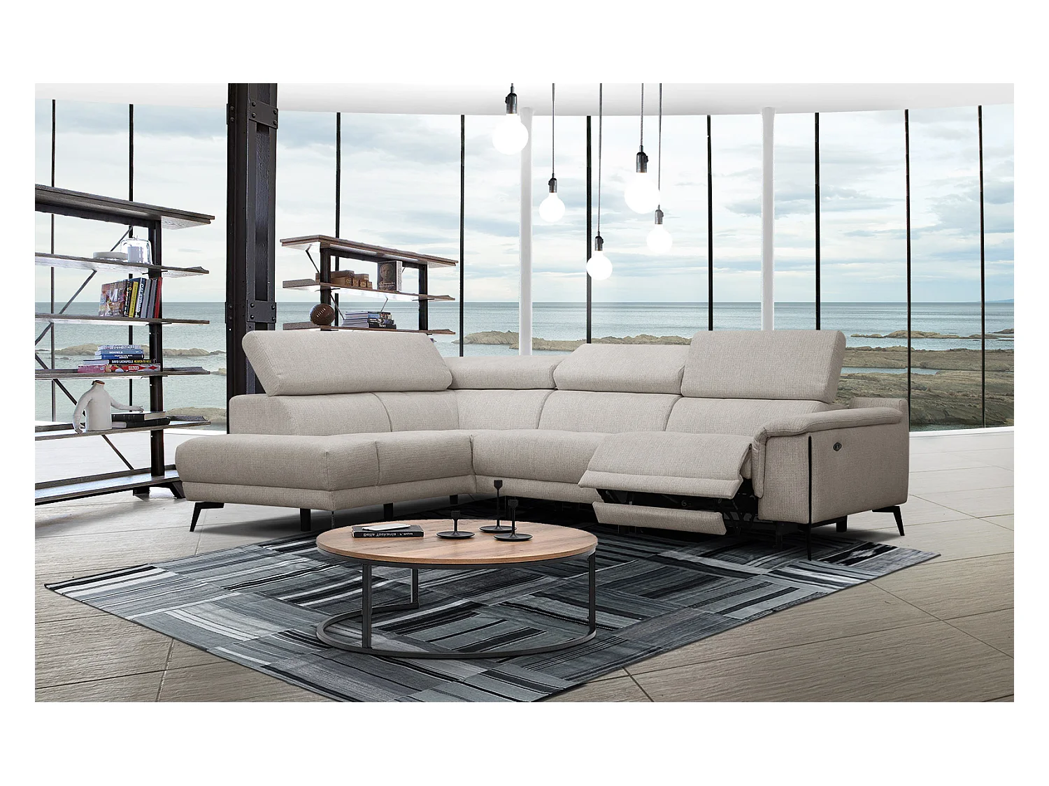 Canapé d'angle gauche 4 places avec un relax électrique tissu beige - Matera