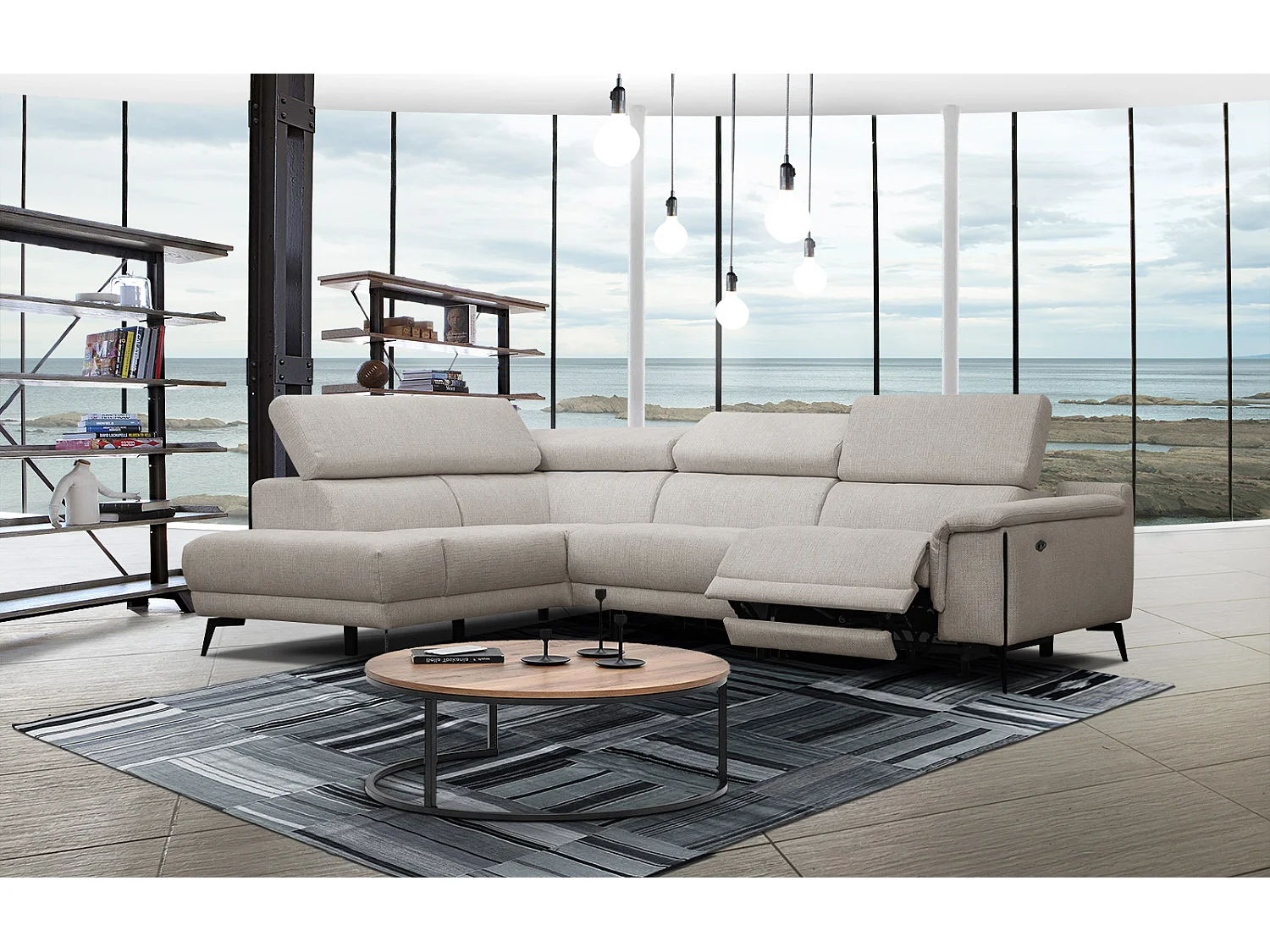 Canapé d'angle gauche 4 places avec un relax électrique tissu beige - Matera