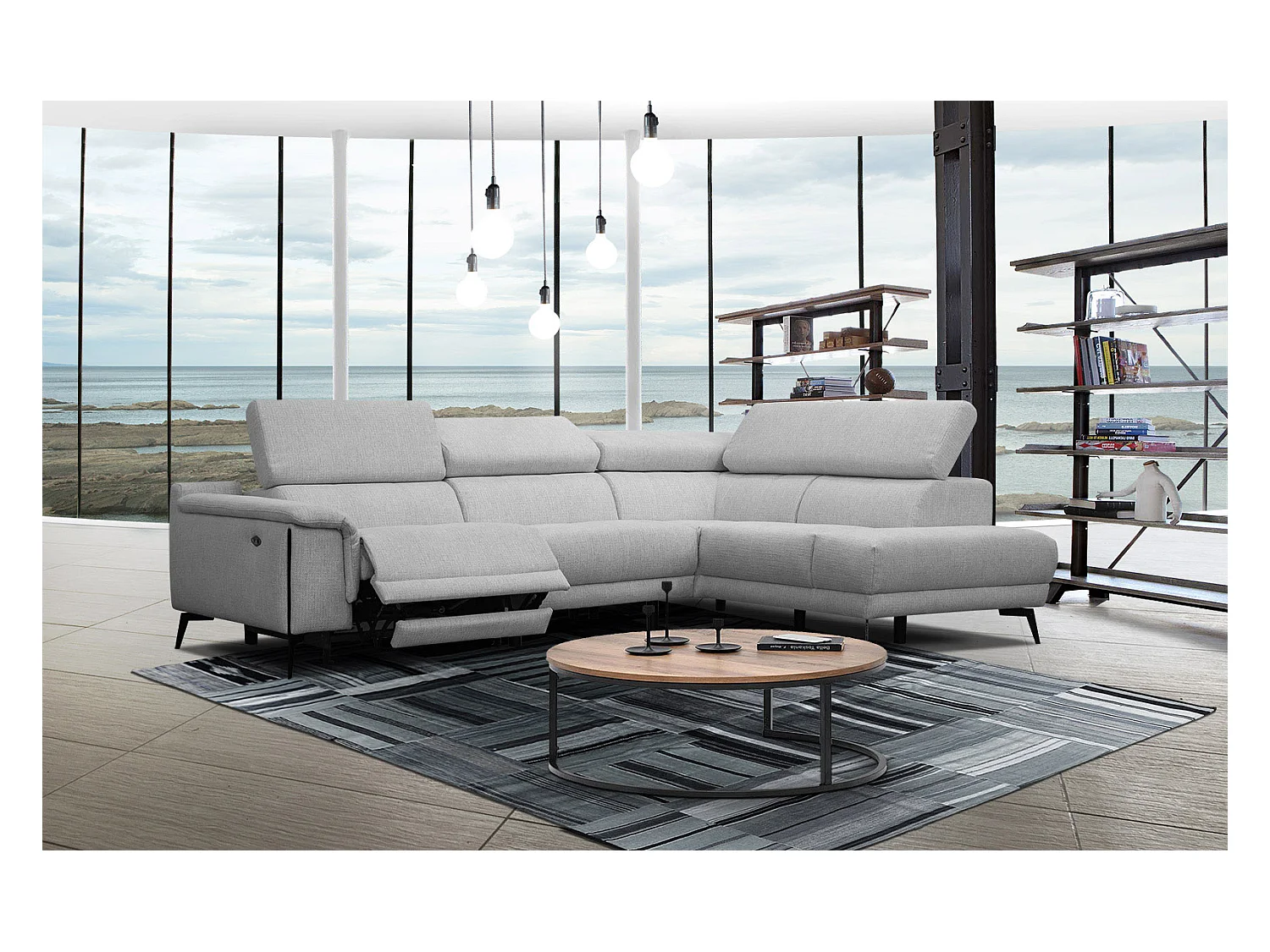 Canapé d'angle droit 4 places avec un relax électrique tissu gris - Matera