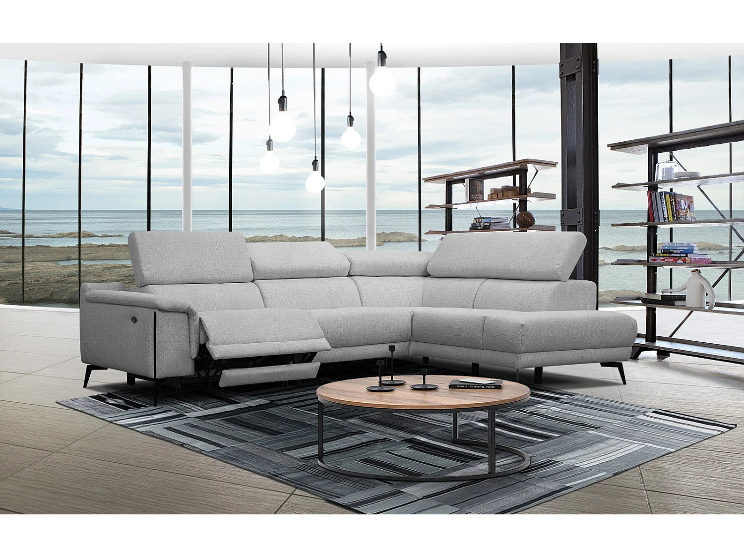 Canapé d'angle droit 4 places avec un relax électrique tissu gris - Matera