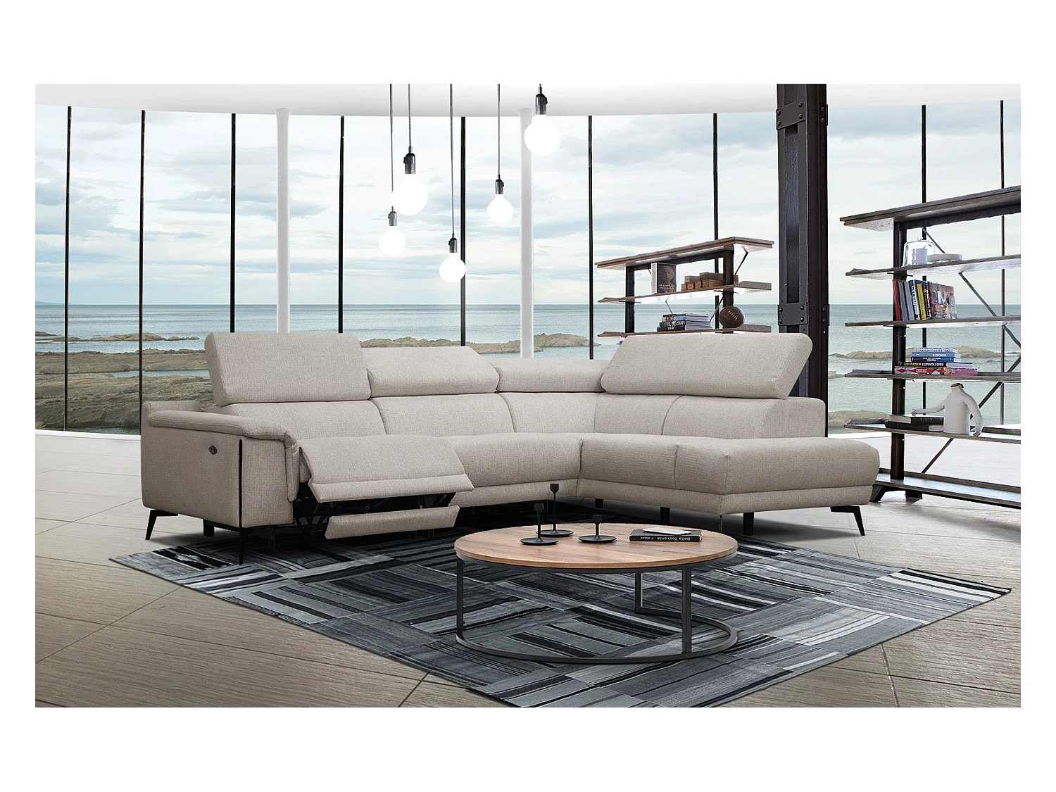 Canapé d'angle droit 4 places avec un relax électrique tissu beige - Matera