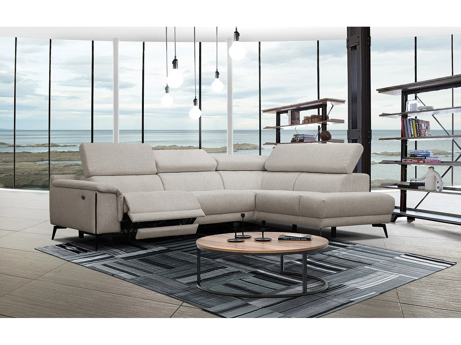 Canapé d'angle droit 4 places avec un relax électrique tissu beige - Matera