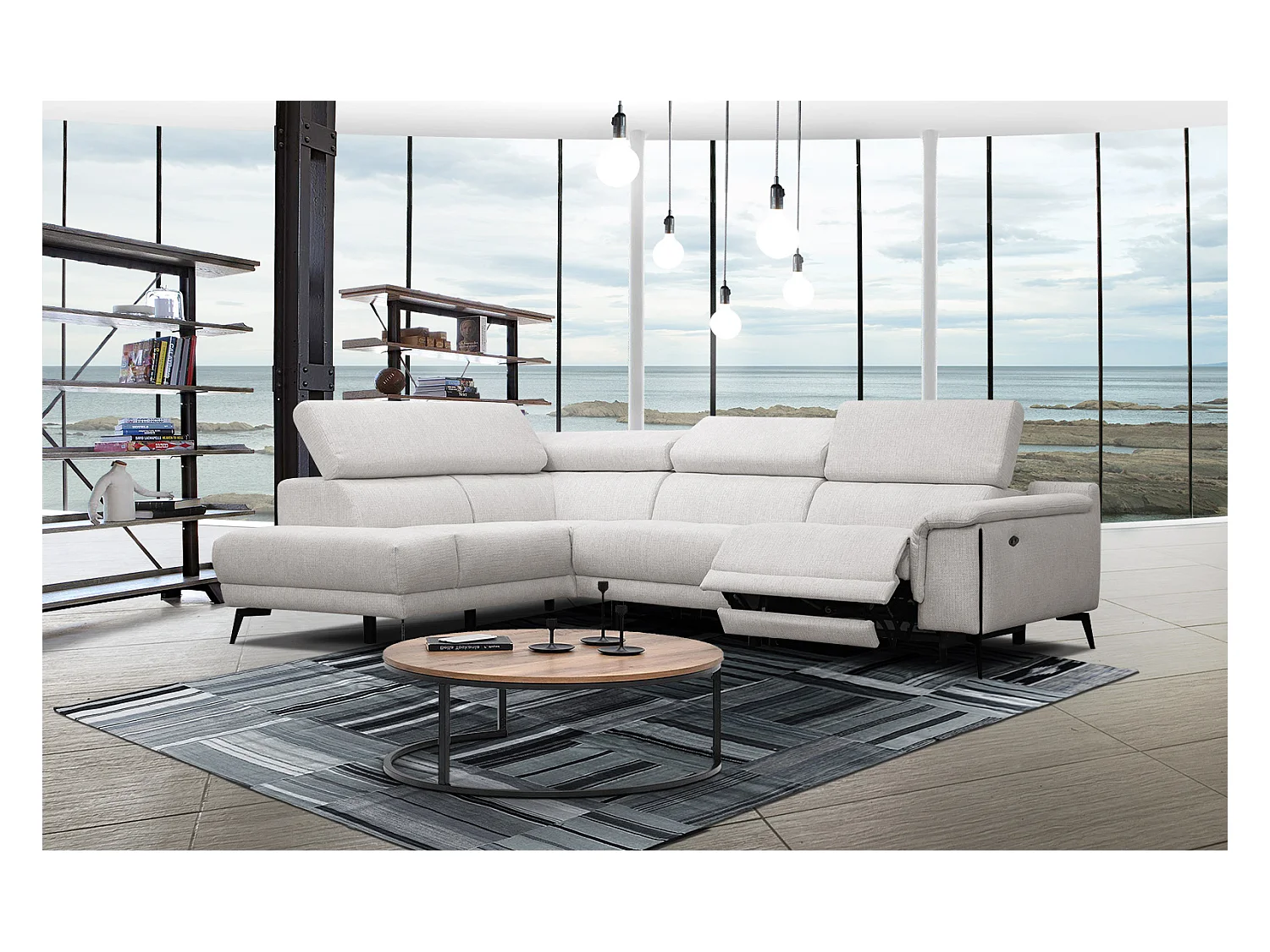 Canapé d'angle gauche 4 places avec un relax électrique tissu écru - Matera