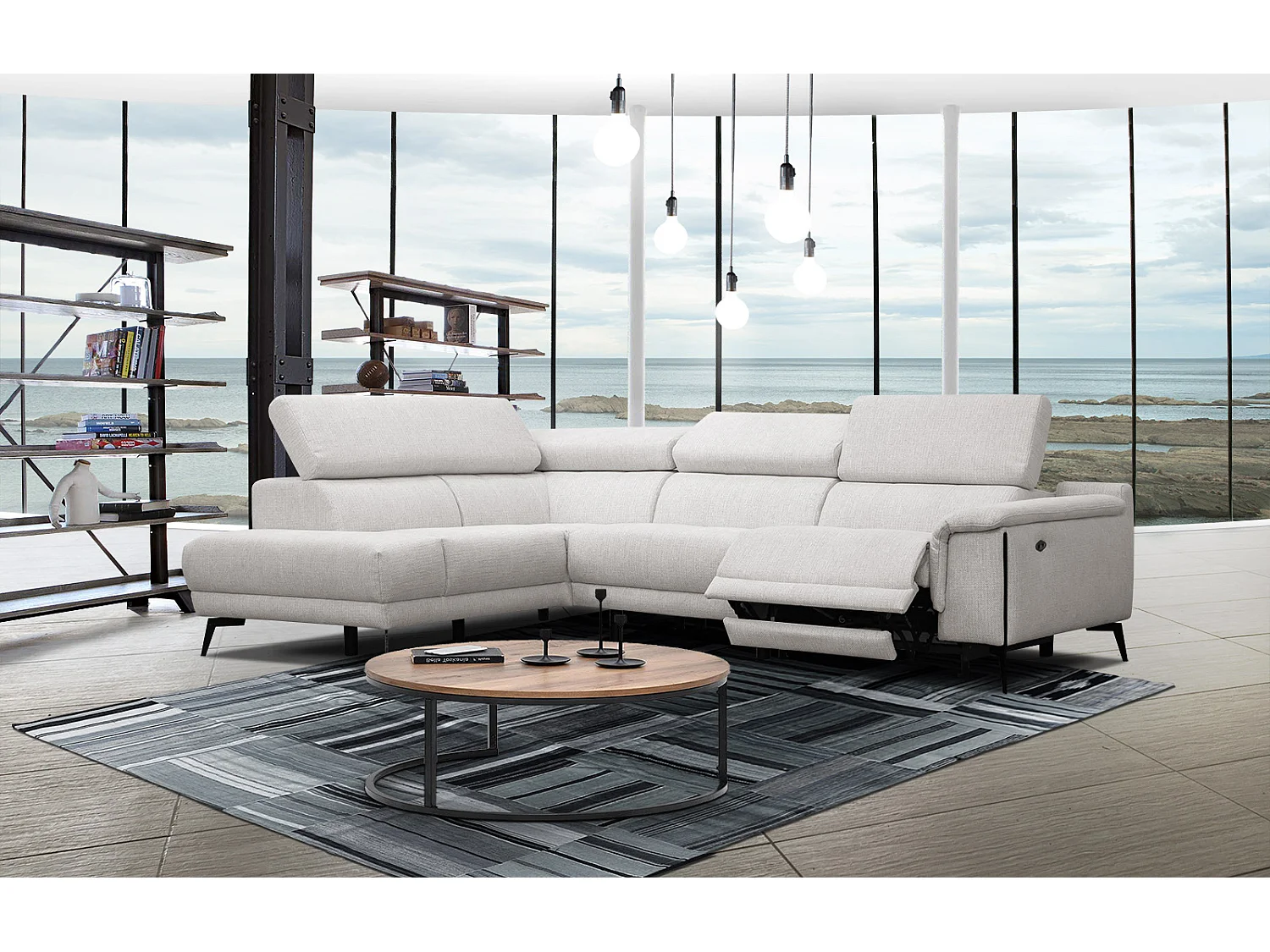 Canapé d'angle gauche 4 places avec un relax électrique tissu écru - Matera