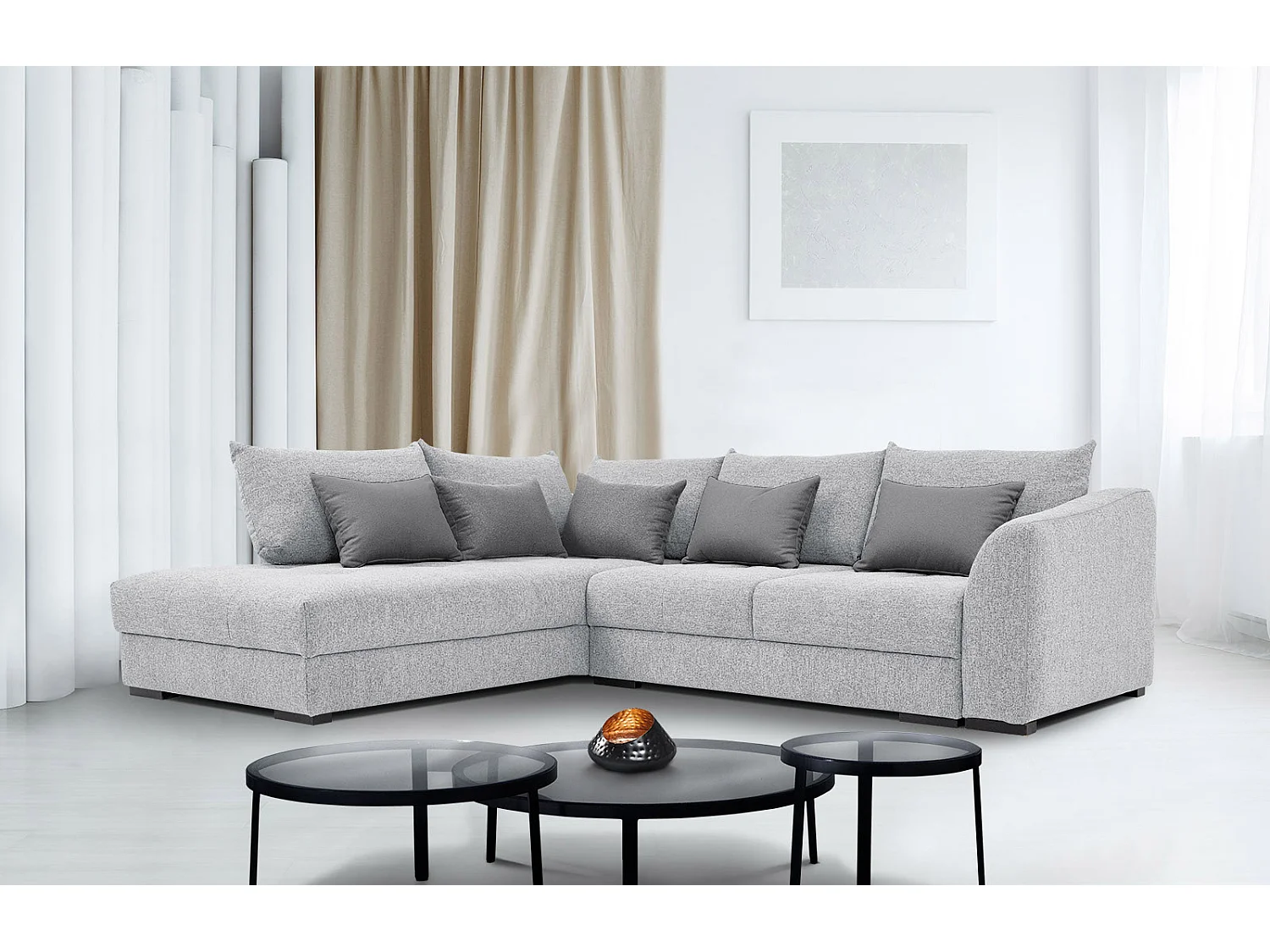 Canapé d'angle gauche 5 places convertible tissu gris clair - Elbe