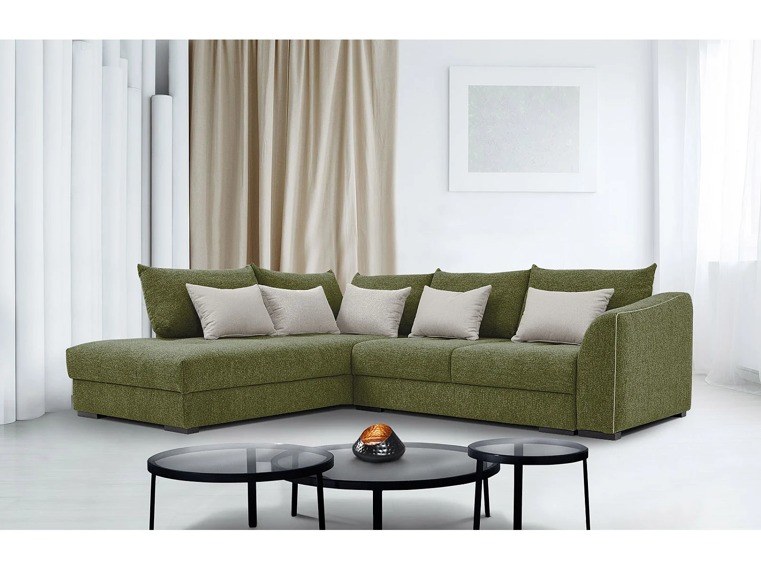 Canapé d'angle gauche 5 places convertible tissu vert foncé - Elbe