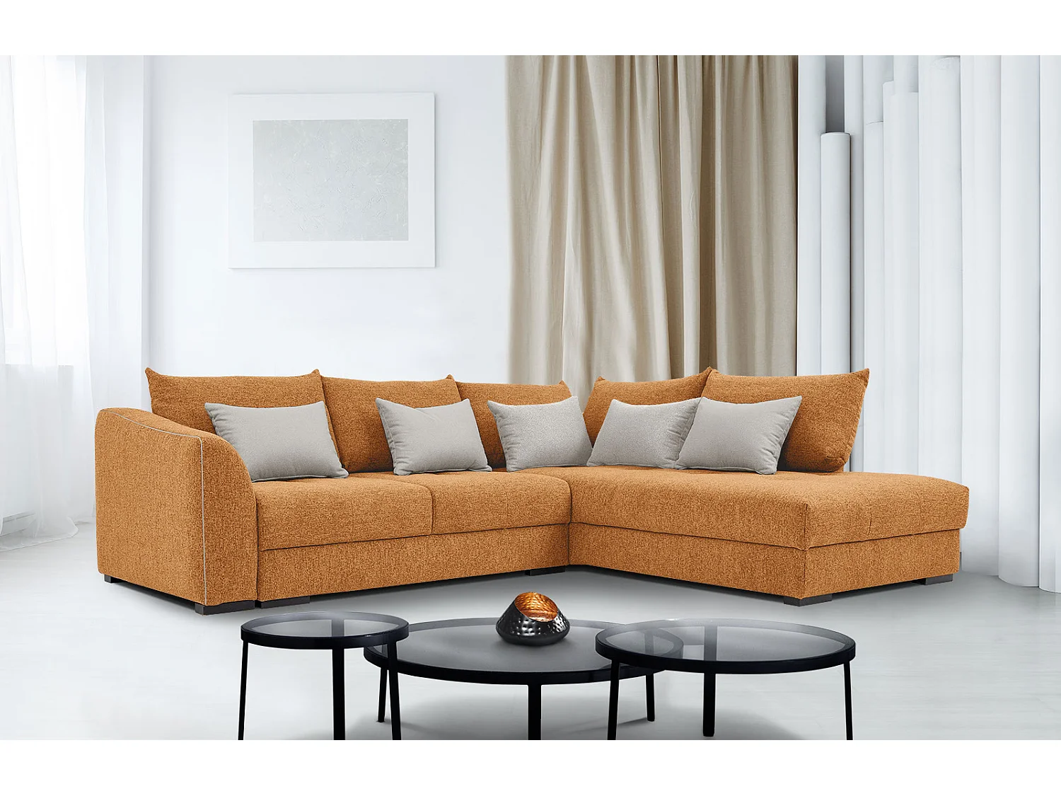 Canapé d'angle droit 5 places convertible tissu orange - Elbe