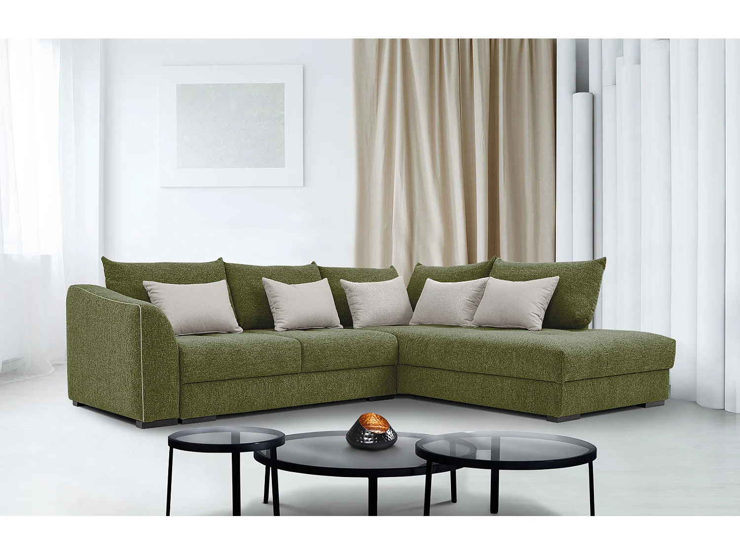 Canapé d'angle droit 5 places convertible tissu vert foncé - Elbe