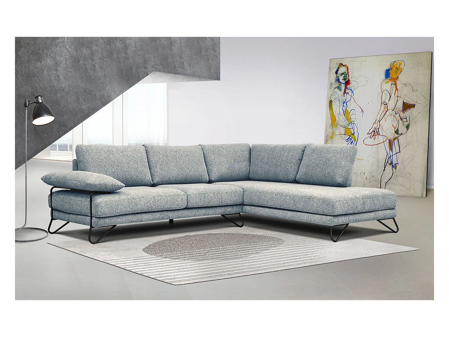 Canapé d'angle droit 5 places tissu vert de mer - Lori