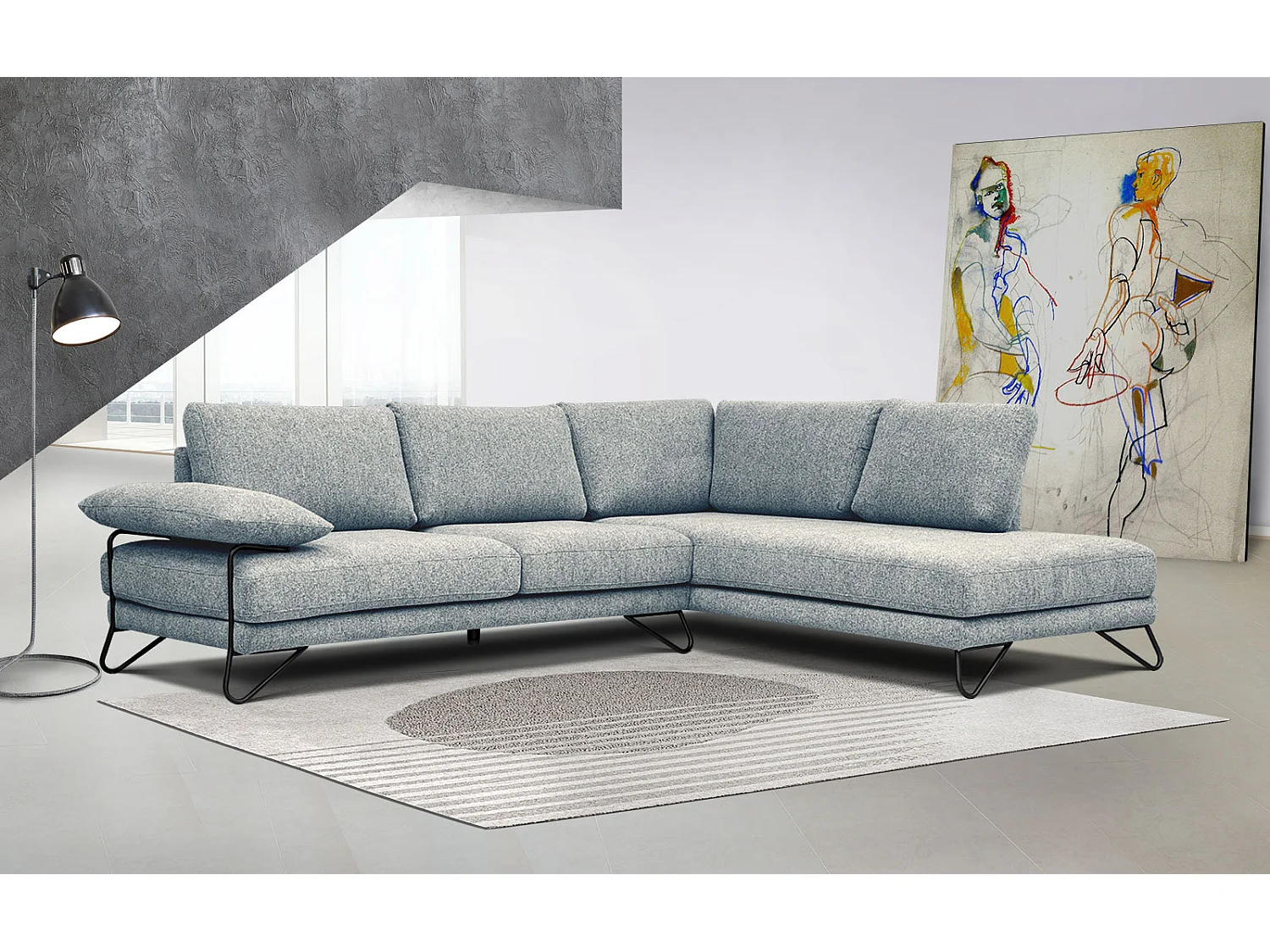 Canapé d'angle droit 5 places tissu vert de mer - Lori