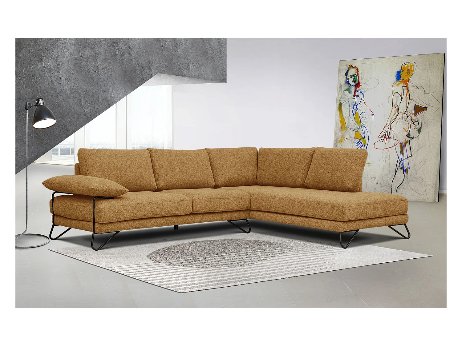 Canapé d'angle droit 5 places tissu orange - Lori