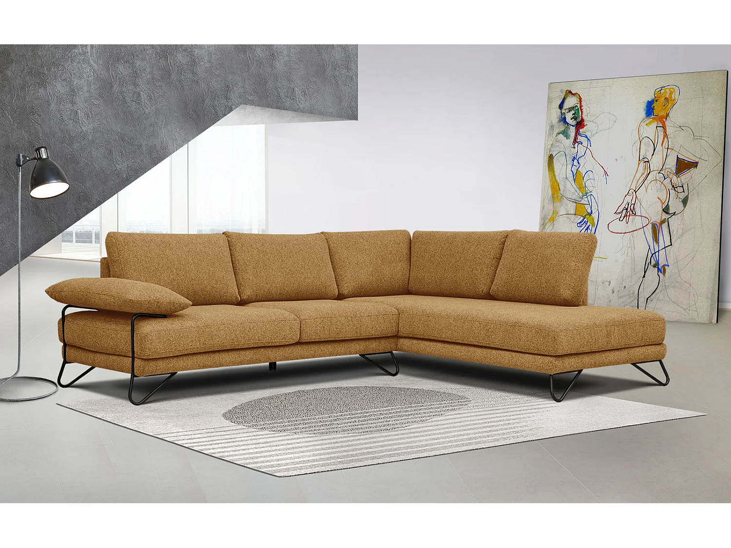 Canapé d'angle droit 5 places tissu orange - Lori