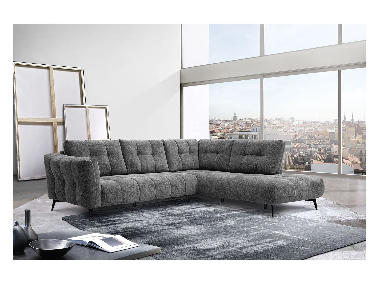 Canapé d'angle droit 5 places tissu gris foncé