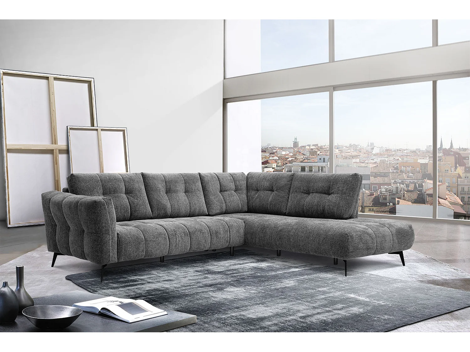 Canapé d'angle droit 5 places tissu gris foncé