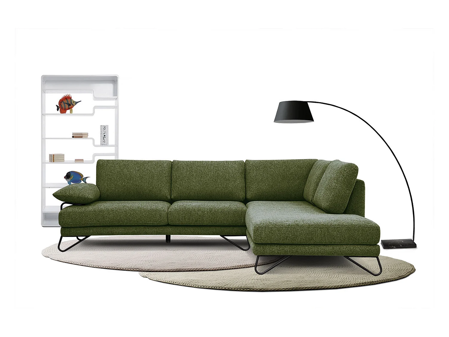 Canapé d'angle droit 5 places tissu vert foncé - Lori