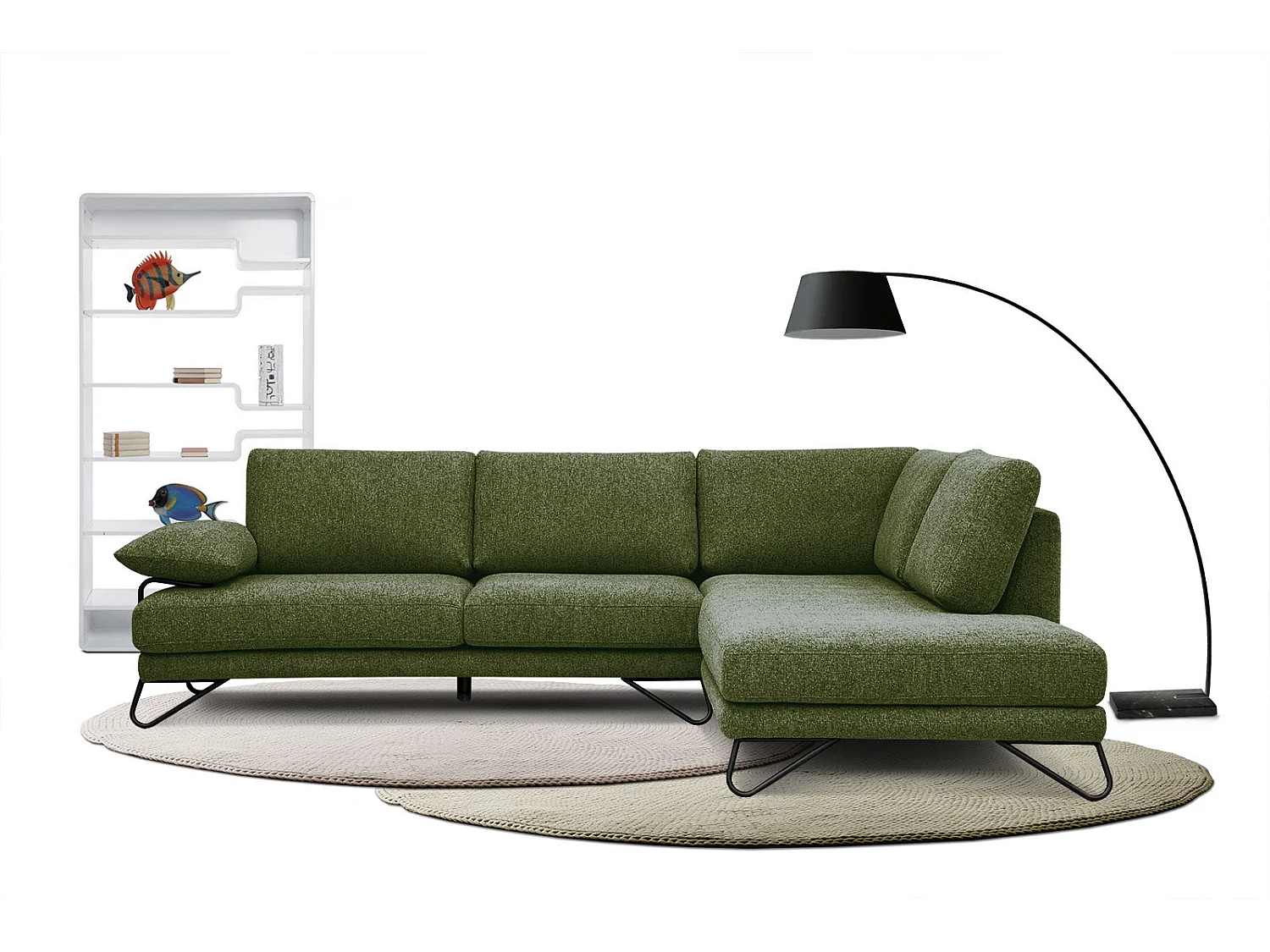 Canapé d'angle droit 5 places tissu vert foncé - Lori