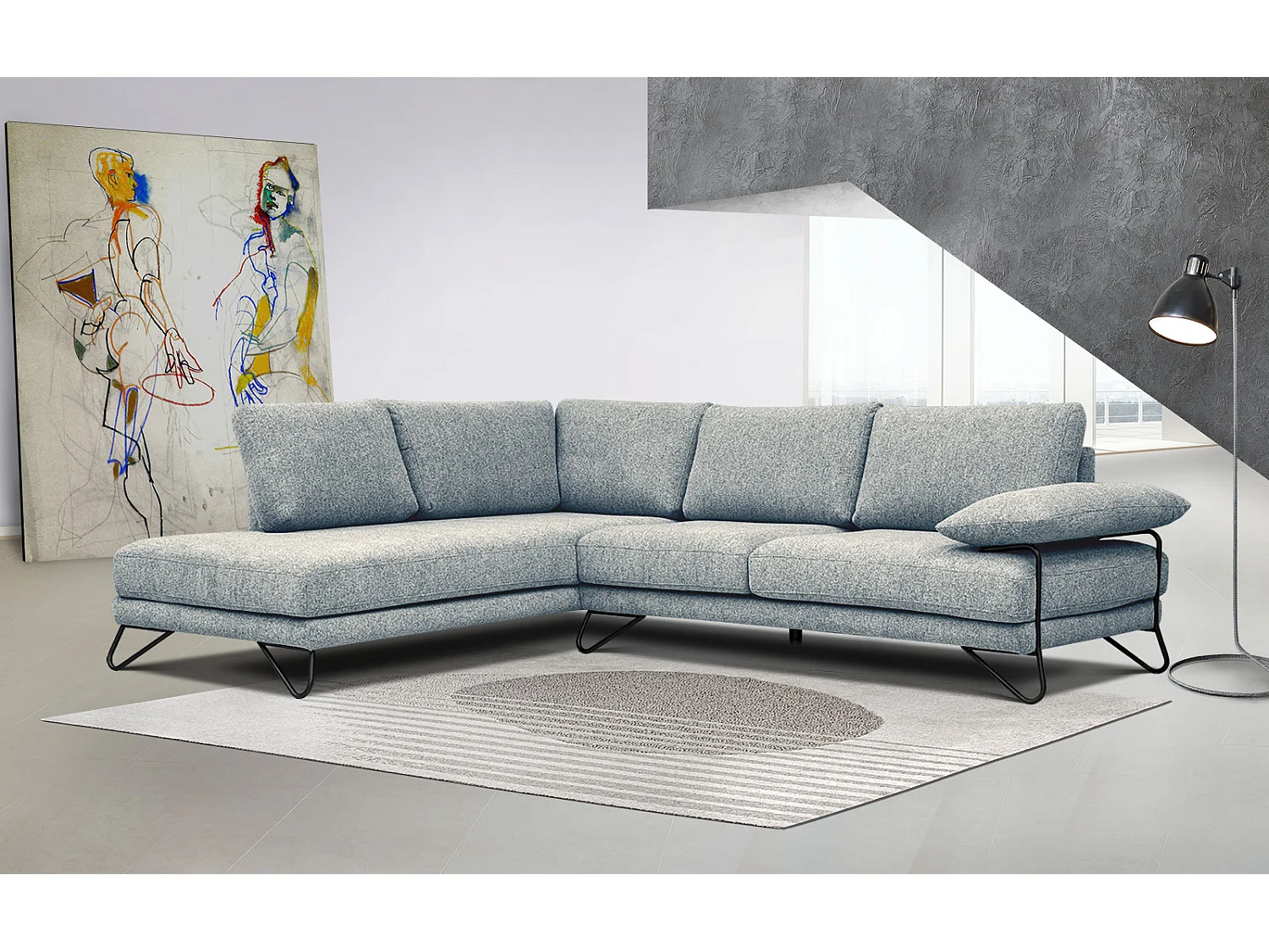 Canapé d'angle gauche 5 places tissu vert de mer - Lori