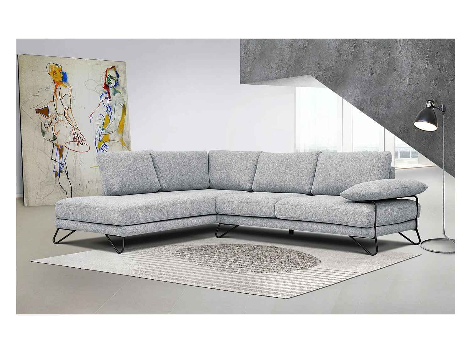 Canapé d'angle gauche 5 places tissu gris clair - Lori