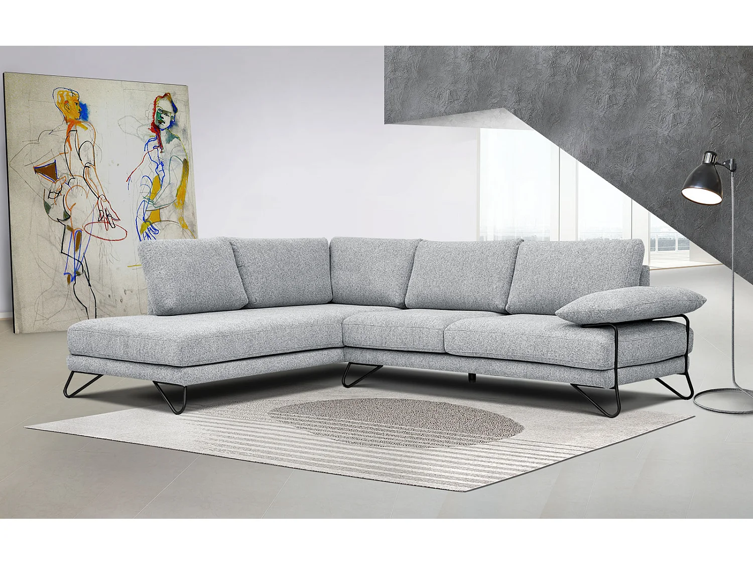 Canapé d'angle gauche 5 places tissu gris clair - Lori