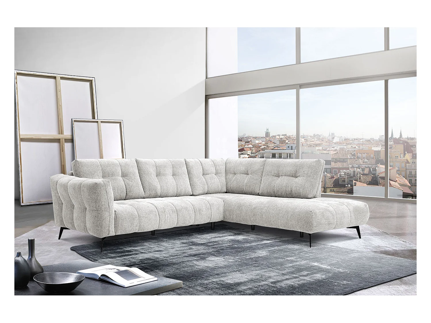 Canapé d'angle droit 5 places tissu écru