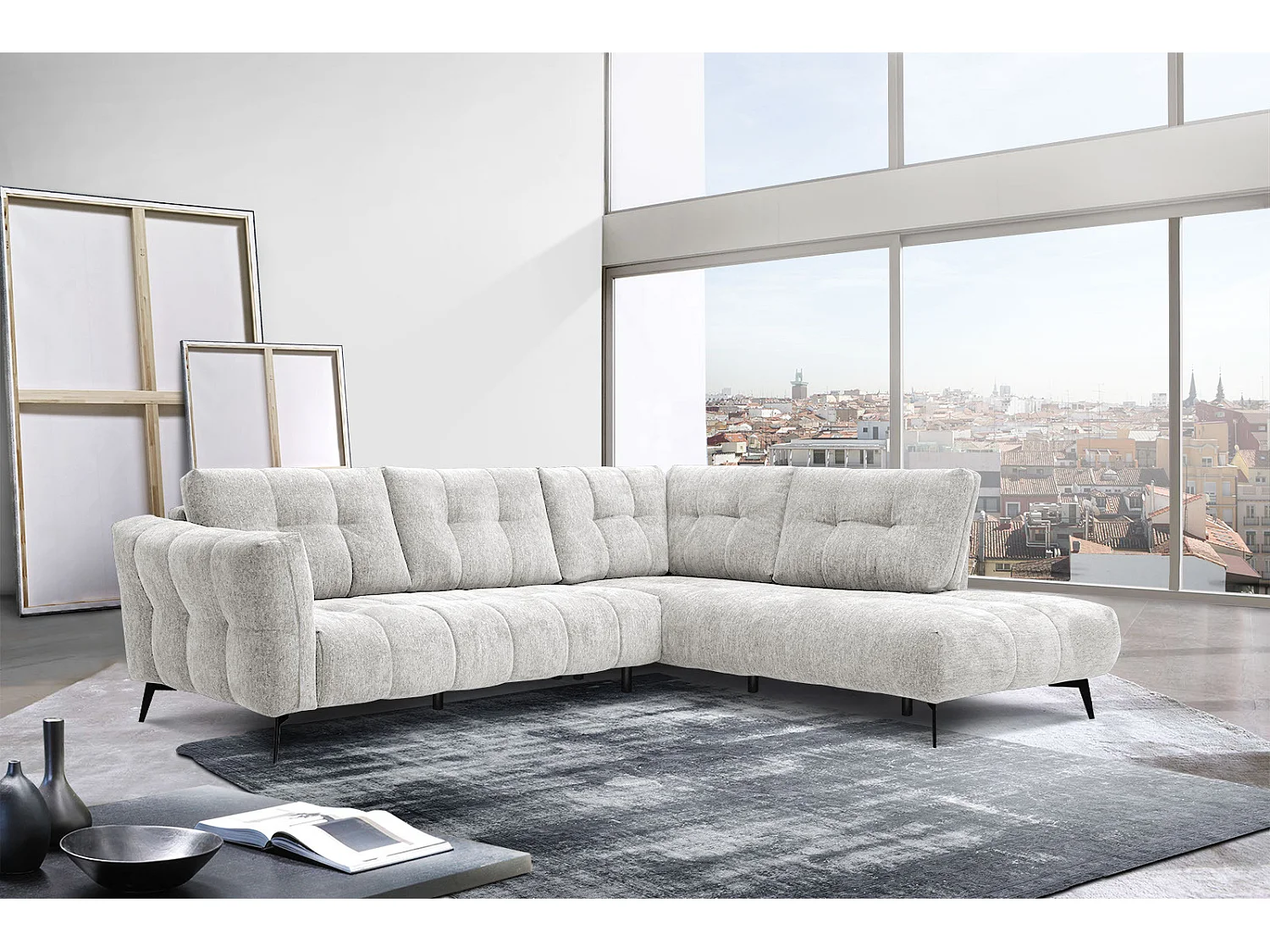 Canapé d'angle droit 5 places tissu écru