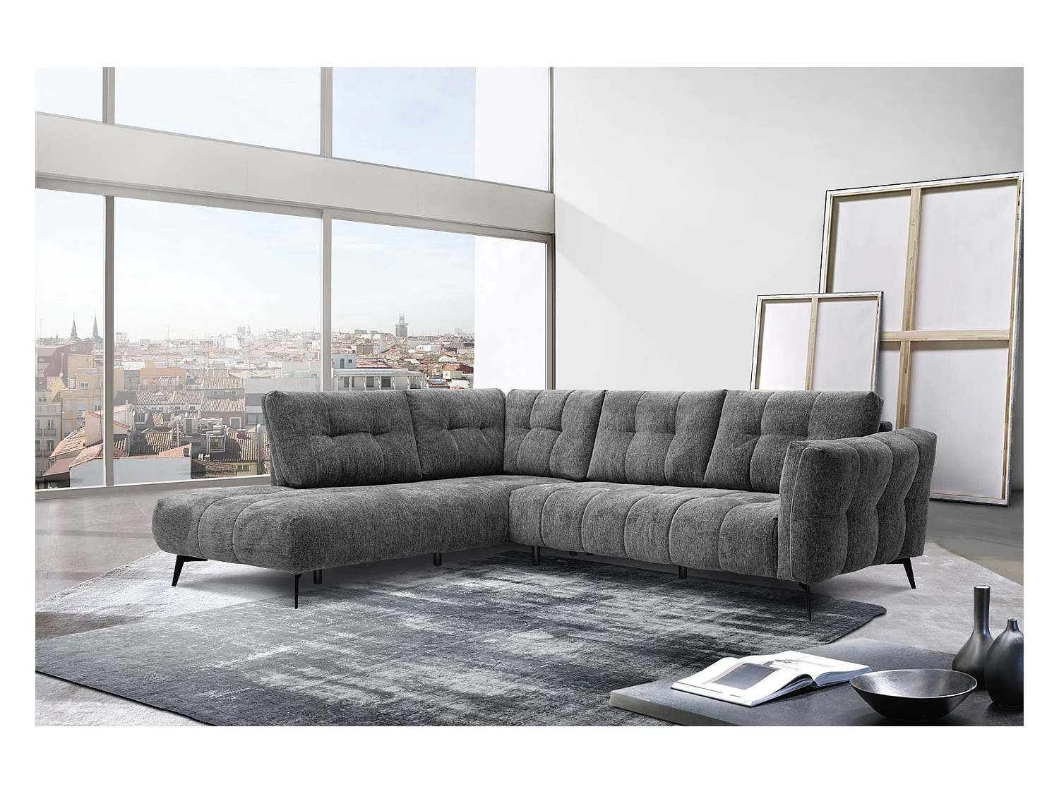 Canapé d'angle gauche 5 places tissu gris foncé