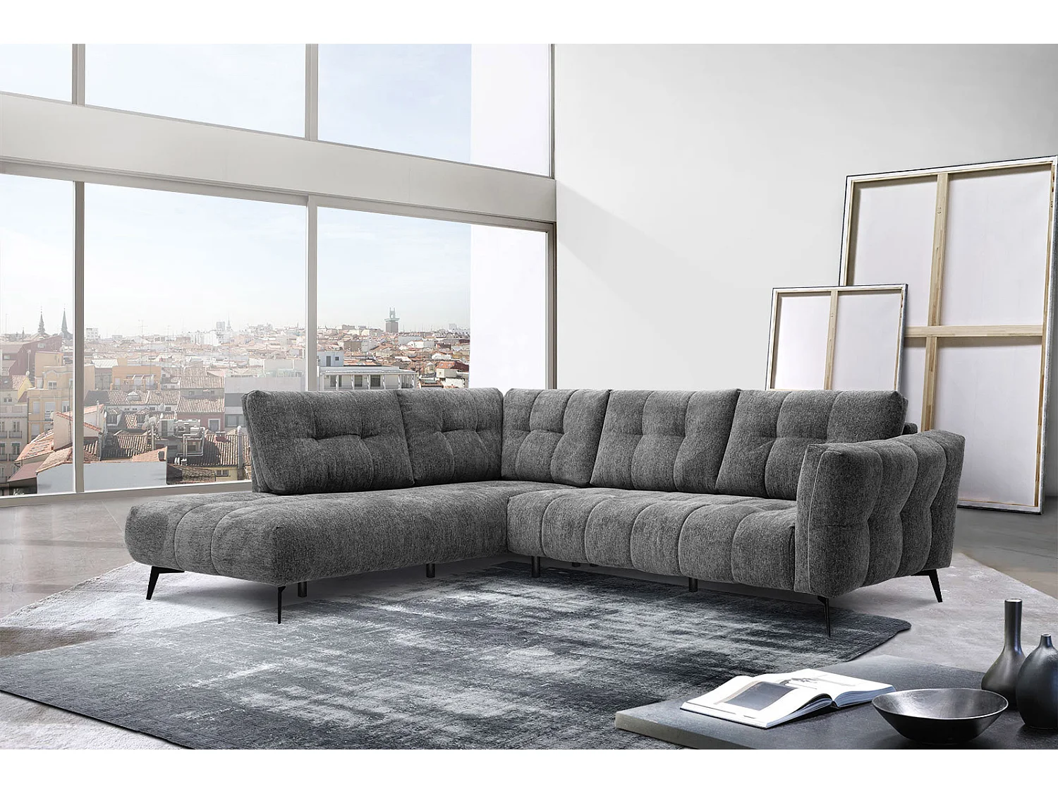 Canapé d'angle gauche 5 places tissu gris foncé