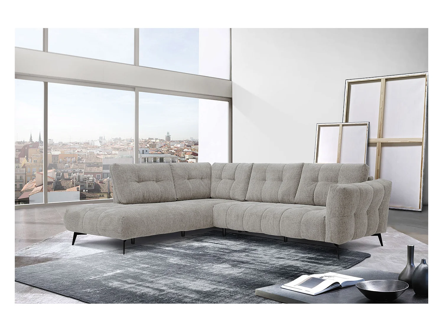 Canapé d'angle gauche 5 places tissu beige foncé