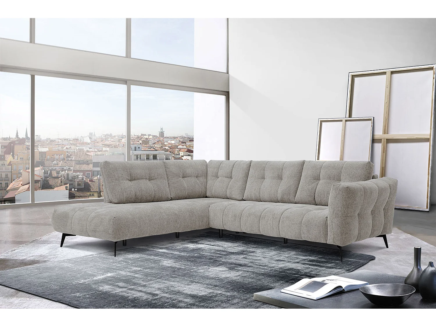 Canapé d'angle gauche 5 places tissu beige foncé