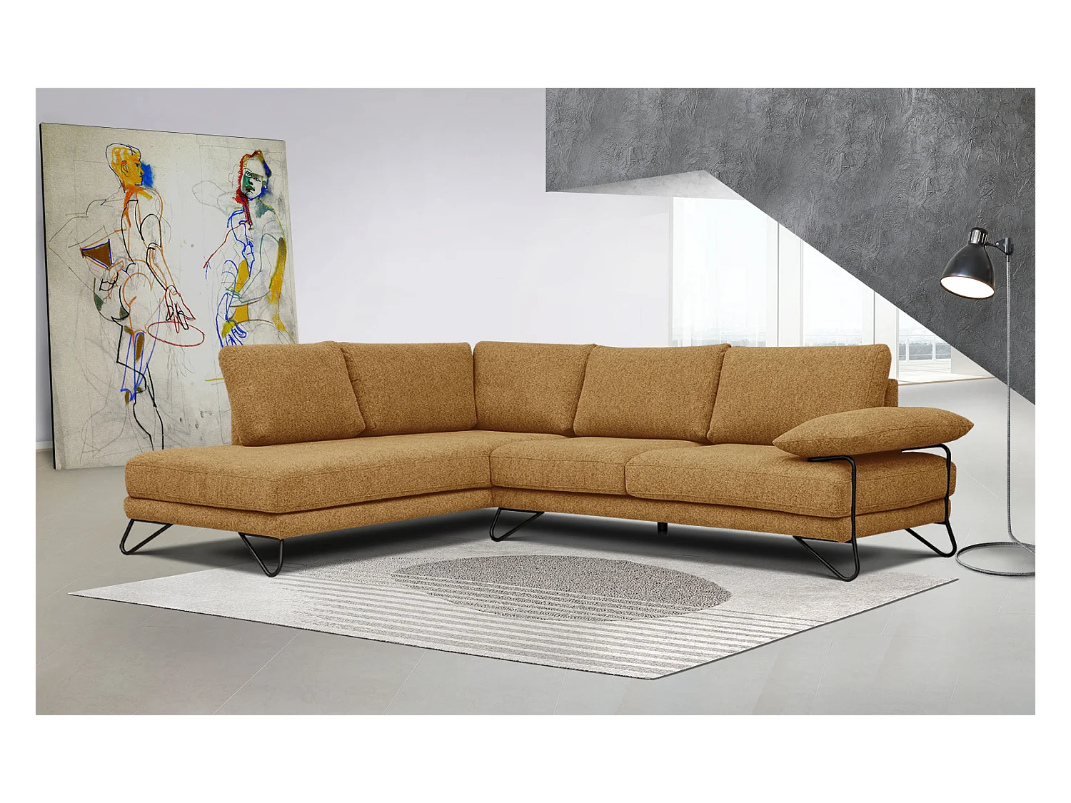 Canapé d'angle gauche 5 places tissu orange - Lori