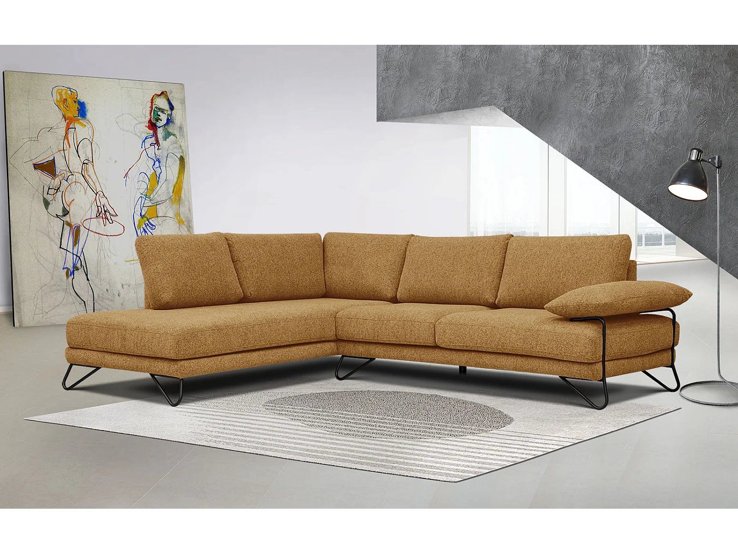 Canapé d'angle gauche 5 places tissu orange - Lori