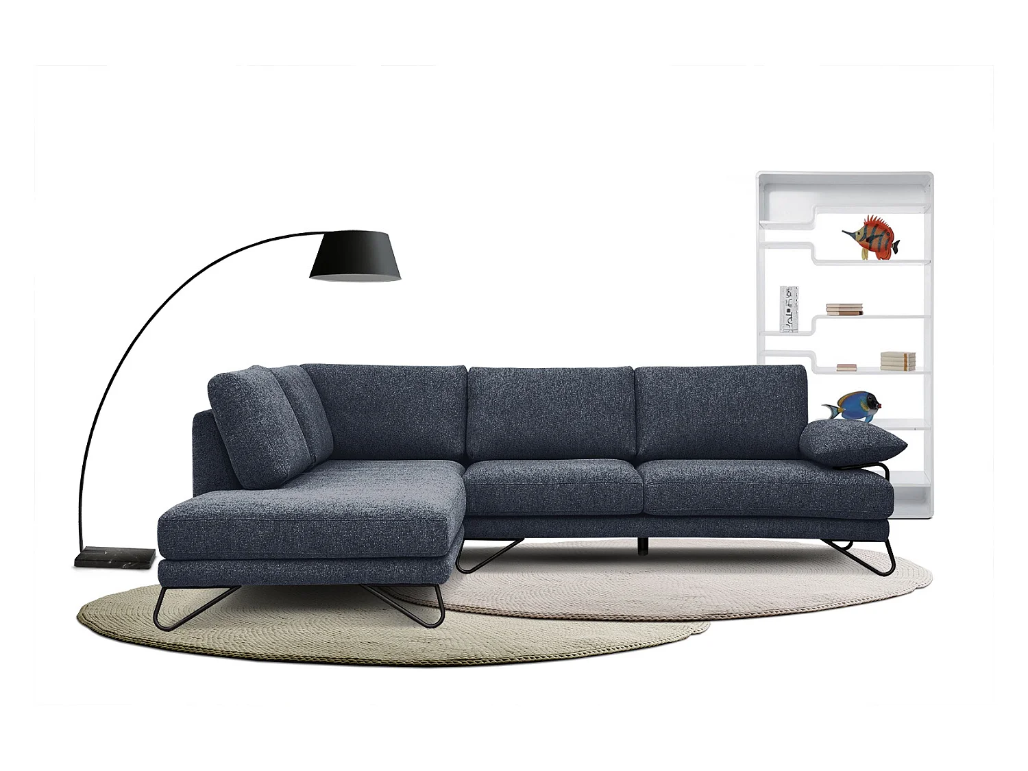 Canapé d'angle gauche 5 places tissu bleu - Lori