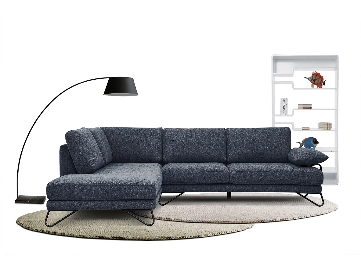 Canapé d'angle gauche 5 places tissu bleu - Lori