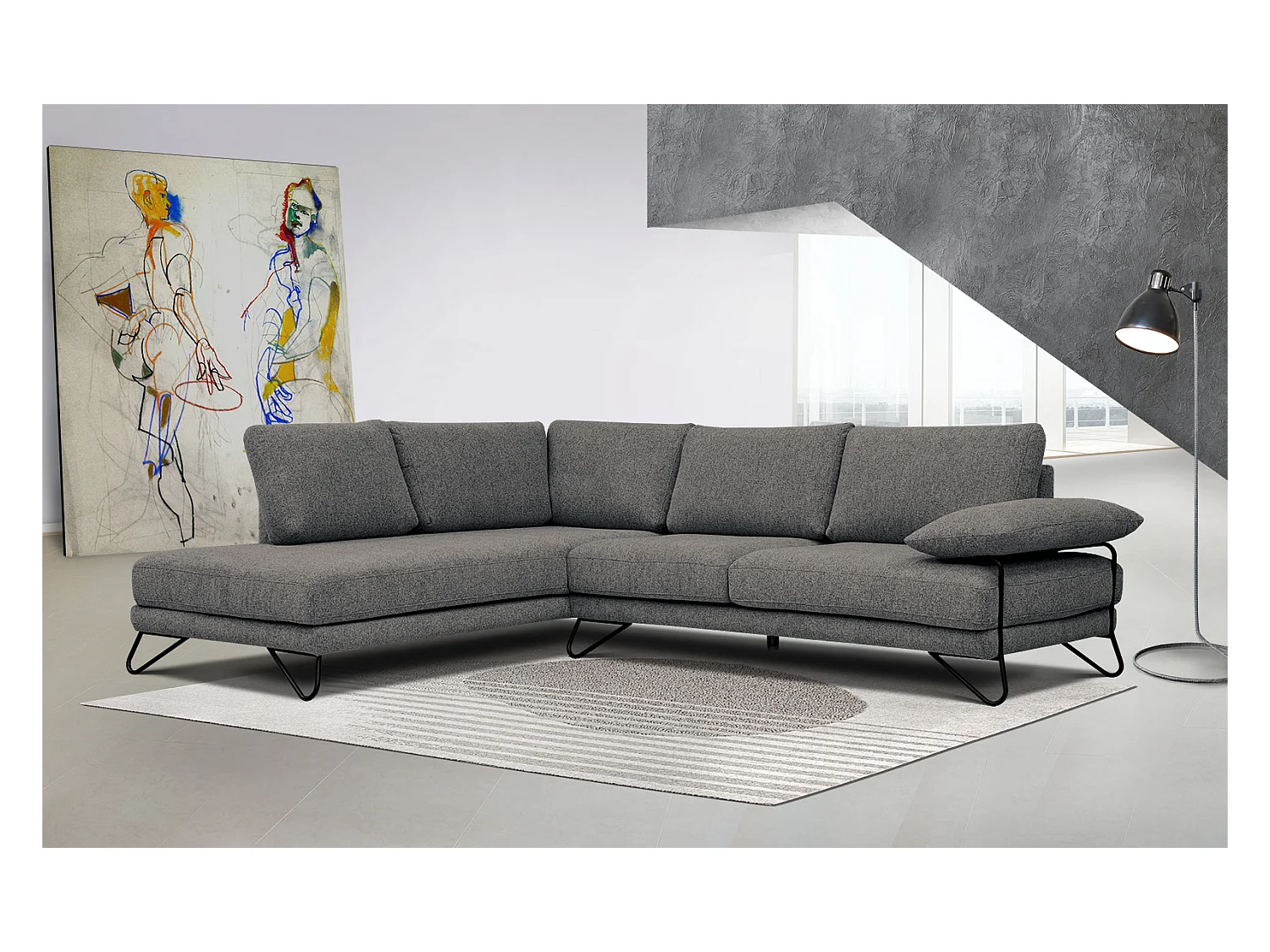 Canapé d'angle gauche 5 places tissu gris - Lori