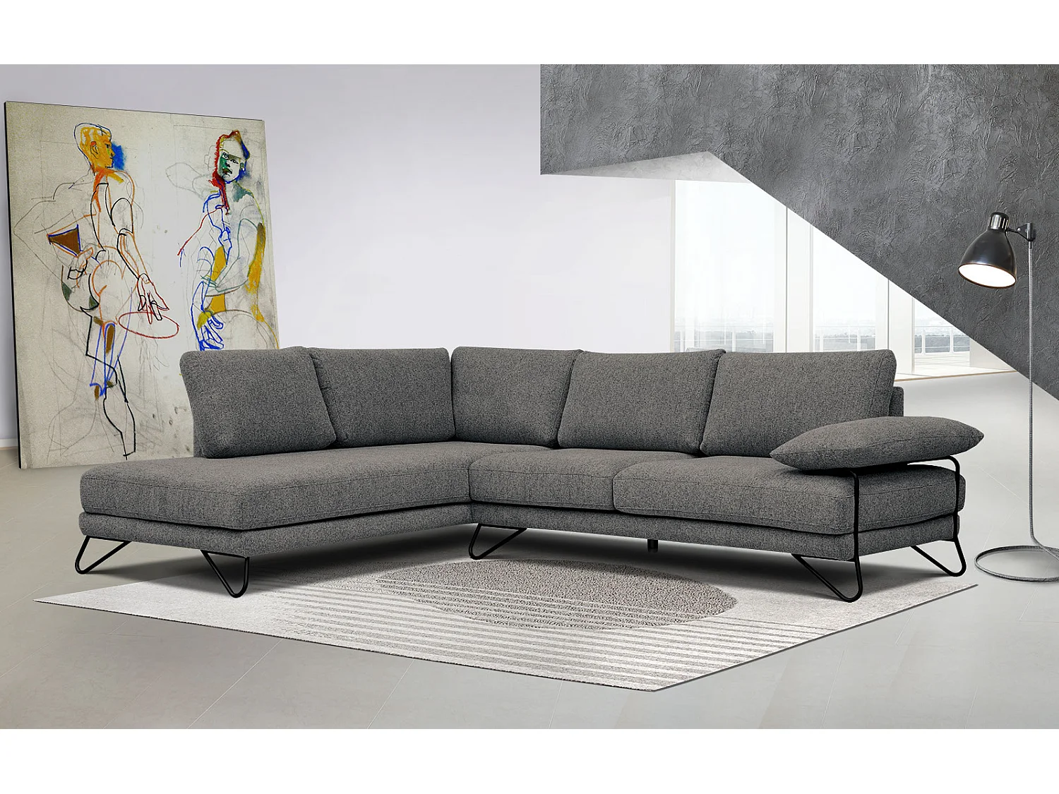 Canapé d'angle gauche 5 places tissu gris - Lori