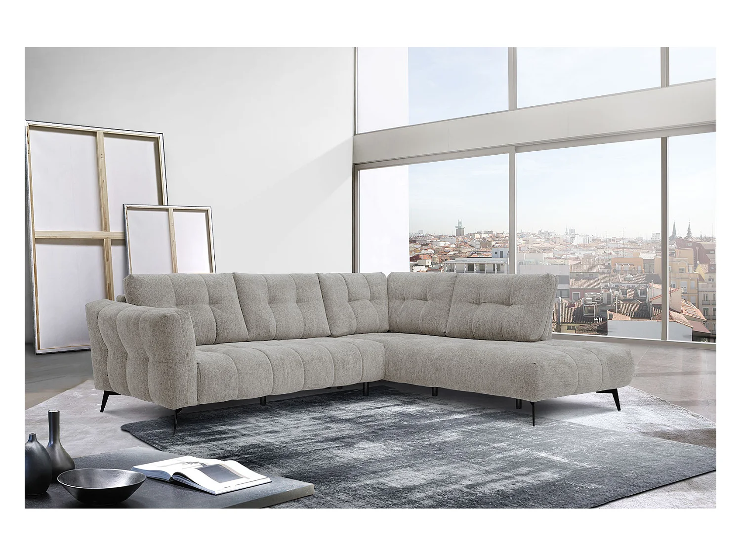 Canapé d'angle droit 5 places tissu beige foncé