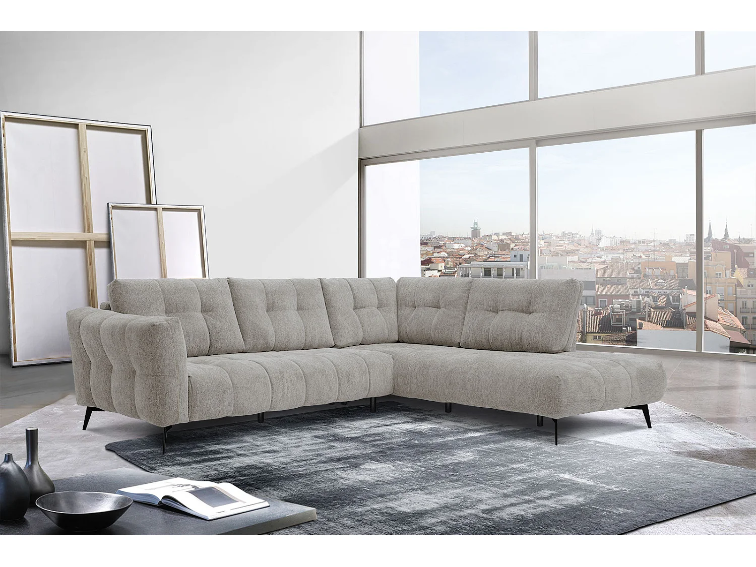 Canapé d'angle droit 5 places tissu beige foncé